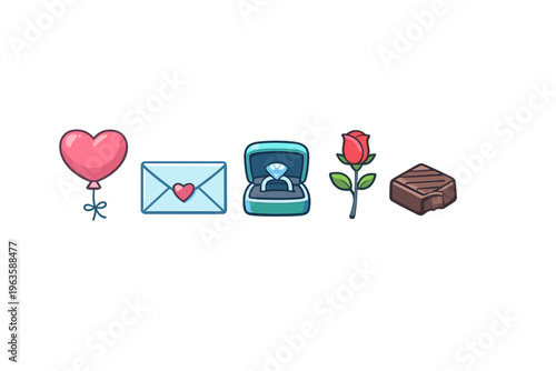 Romantic items for a special occasion include a balloon, a love letter, a ring, a rose, and a chocolate piece