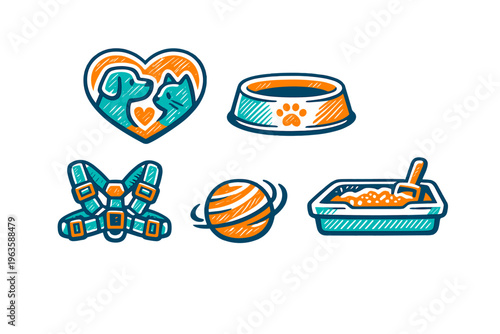 Dog and cat items for pet care with water bowl, harness, toy, and litter box in colorful design