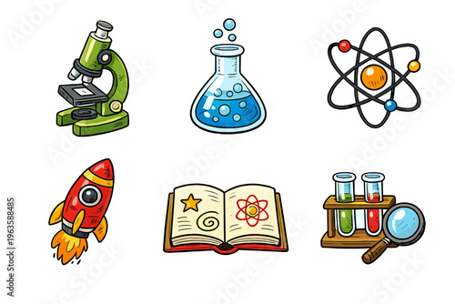 Science tools and symbols showing exploration and learning at a laboratory or classroom during a sunny day