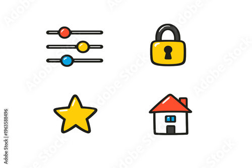 Symbols for settings, security, favorites, and home on a simple background