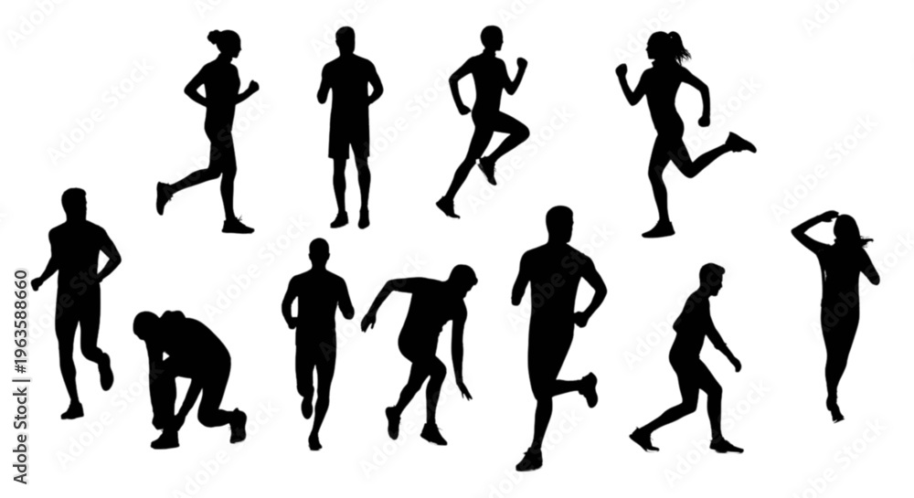 Fototapeta premium Silhouettes of people running and exercising in various poses