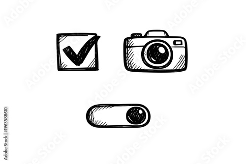Sketch showing a check mark, a camera, and a toggle switch drawn in simple lines on a white background