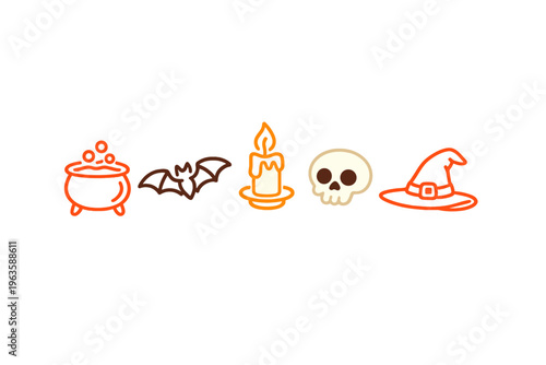 Halloween symbols including a cauldron, bat, candle, skull, and witch hat displayed in a row for festive decoration ideas