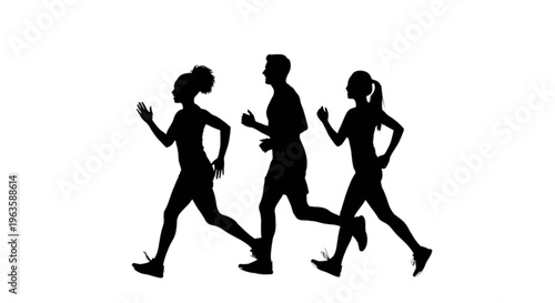 Three people running in unison