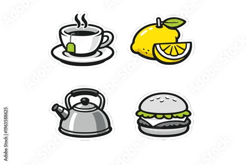 Food and drinks including tea, lemon, kettle, and burger in a colorful illustration showing simple kitchen items