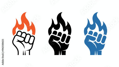 Three clenched fists are depicted each rendered in a distinct color vibrant orange stark black and cool blue high quality professional detailed modern elegant stylish clean