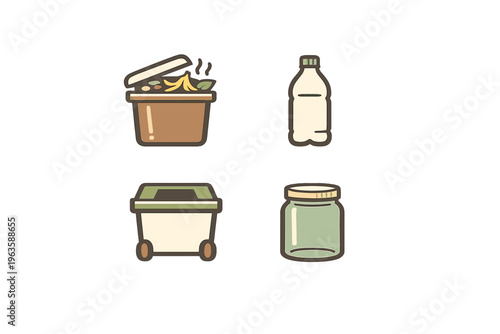 Different types of waste and recycling bins are shown with items like a bottle, jar, and compost waste in a simple layout