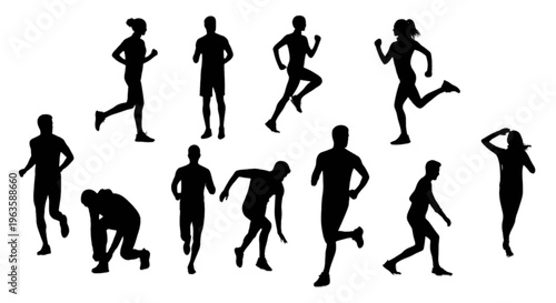 Silhouettes of people running and exercising in various poses
