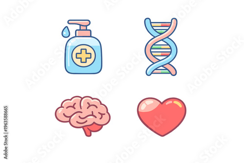 Health symbols that represent various aspects of medicine and well-being in simple forms and colors