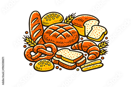 Bread and baked goods collection on a white background with different shapes and types ready for serving