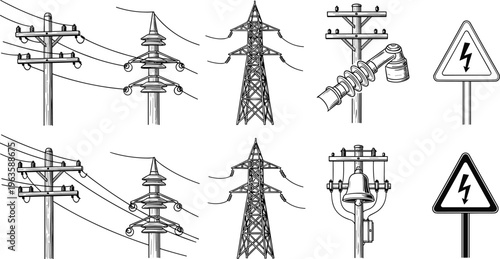 Vintage Electricity Power Line Poles and Warning Signs Illustration Keywords: electricity, power, line, pole, pylon, tower, high