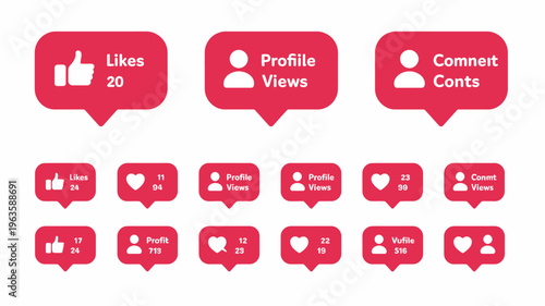 A collection of red speech bubbles displaying social media interaction icons and associated numerical counts for likes views and comments high quality professional detailed modern elegant