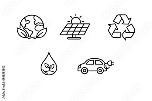 Icons representing environmental themes and sustainable practices in daily life