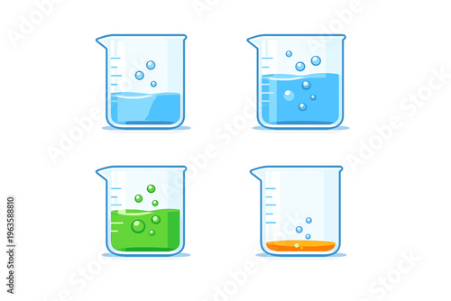 Colorful liquids in glass containers on a white background for science and education in a lab setting