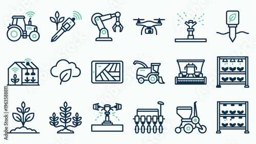 Sustainable Agriculture and Smart Farm Icons - Greenhouse, Vertical Farming, and Precision Machinery