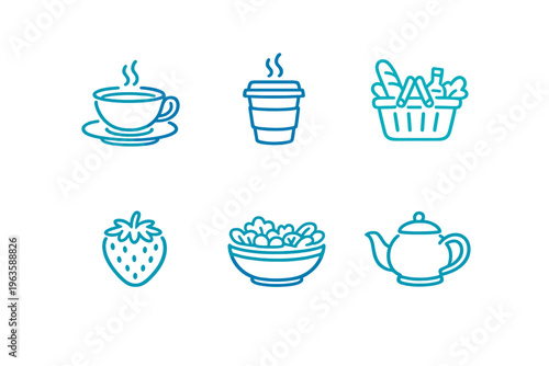 Coffee, tea, fruit, and salad items arranged in a simple lineup for a food-themed display