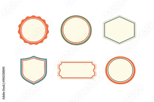 Design elements include multiple shapes like circles, hexagons, and shields placed in a row with empty spaces for text