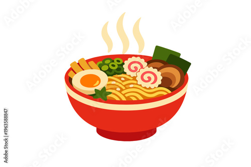 Bowl of ramen with toppings including egg, fish cakes, seaweed, and vegetables for a delicious meal