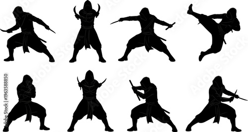Silhouette collection of ninjas in martial arts combat poses, hooded warriors with weapons, stealth movement illustration, isolated vector design