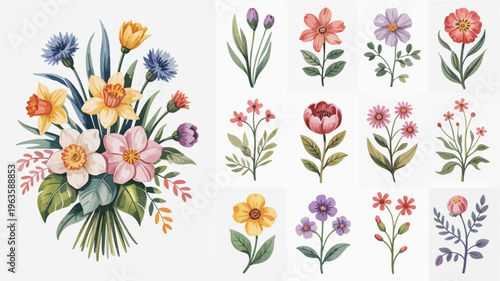 A watercolor illustration depicts an arrangement of various colorful flowers including daffodils roses and cornflowers with lush green foliage high quality professional detailed modern elegant stylish