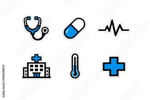 Symbols of medical care and health tools used in hospitals and clinics in various healthcare settings