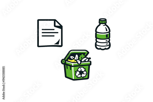 Recycling process with items like paper, plastic bottle, and green bin for waste collection