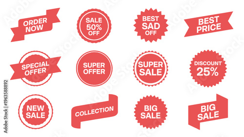 A collection of vibrant red sale and promotion ribbons banners and circular badges against a stark black background high quality professional detailed modern elegant stylish clean