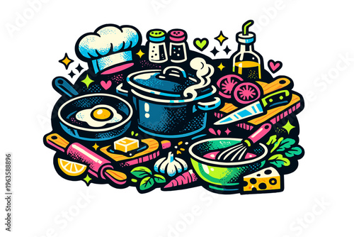 Cooking tools and ingredients are arranged on a kitchen counter with a focus on meal preparation and cooking activities