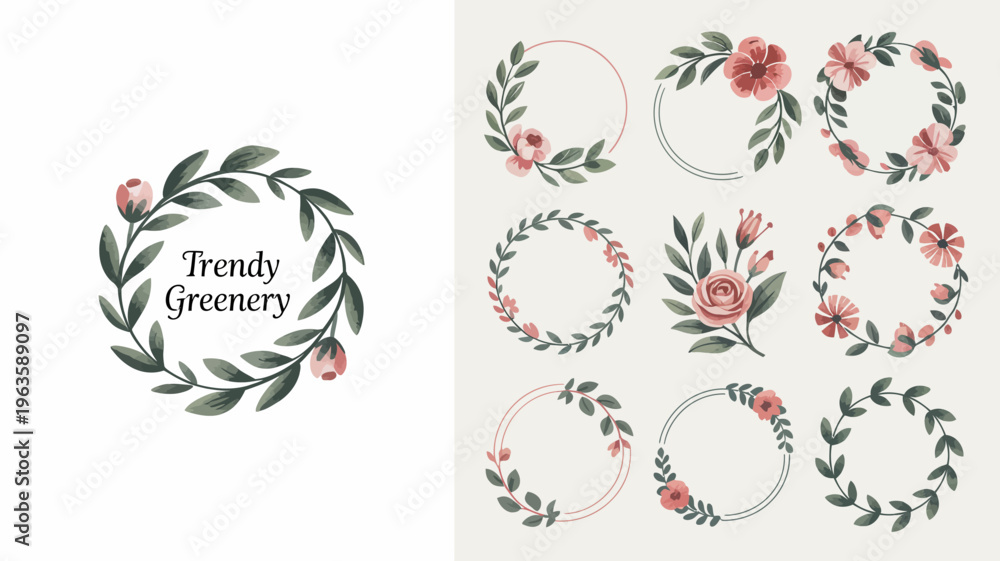 Fototapeta premium A collection of watercolor floral wreaths and botanical elements showcasing delicate pink blossoms and lush green foliage high quality professional detailed modern elegant stylish clean crisp
