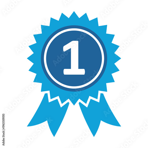 Blue award ribbon rosette icon with gold badge design for first place business achievement vector illustration