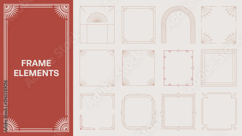 An assortment of decorative geometric frames and elements are displayed in a neutral color palette with reddish accents high quality professional detailed modern elegant stylish clean