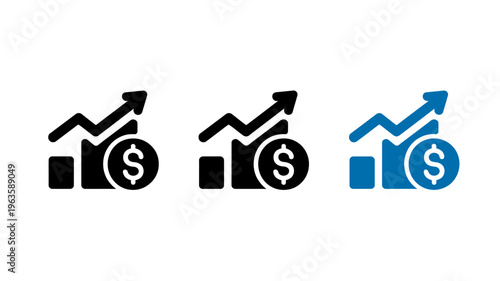 The image displays three variations of a financial growth icon combining a house shape with an upward trend and a dollar sign high quality professional detailed