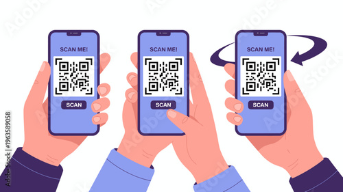 Three mobile phones display a qr code on their screens held by hands with an arrow indicating scanning action high quality professional detailed modern elegant stylish