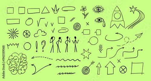 Doodle icons set with shapes, arrows, speech bubbles, people and symbols. Simple black line on green background for design, notes and presentation
