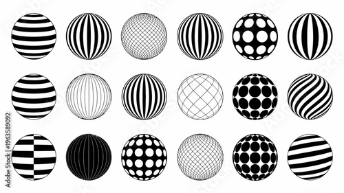 A collection of fifteen black and white spherical optical illusions are displayed each featuring unique patterns and textures high quality professional detailed modern elegant stylish clean