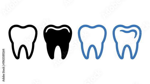 Four tooth icons are displayed varying in color and fill outlined solid black outlined blue and solid blue high quality professional detailed modern elegant stylish clean