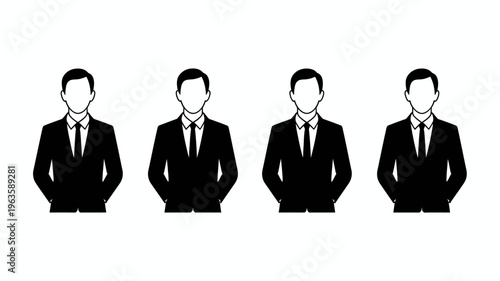 A series of four identical faceless silhouettes of men in business suits and ties are presented against a stark white background high quality professional detailed modern