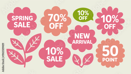 A colorful collection of floral shaped sale and promotion labels offers discounts ranging from 10 to 70 off and advertises new arrivals high quality professional detailed
