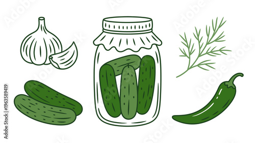 A charming hand drawn illustration depicts a glass jar filled with pickles accompanied by garlic dill and a vibrant green chili pepper high quality professional detailed