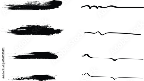 Black grunge brush strokes and simple brush lines isolated on transparent background.