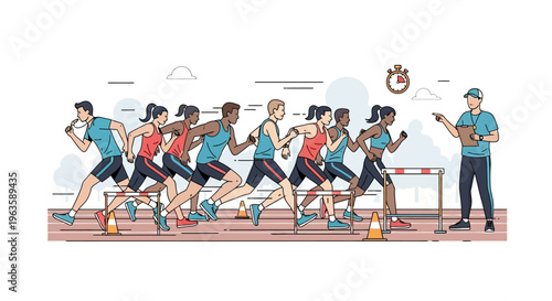 a diverse group of people running on a track with a referee.