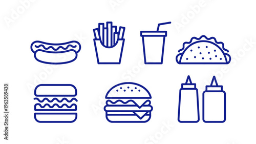 A collection of fast food icons depicts a hotdog fries taco burger sandwich and condiments in a linear style high quality professional detailed modern elegant stylish