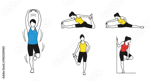 Illustrations of various stretching exercises for flexibility and mobility.