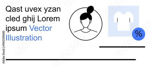 E-commerce, user profile, shopping discounts, branding, UI elements, digital identity. Black-and-white person icon, clothing icon with discount symbol and placeholder text. E-commerce and user