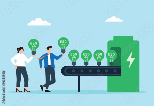 Flat illustration of employees arranging conveyor belt of ESG green bulbs into renewable power system