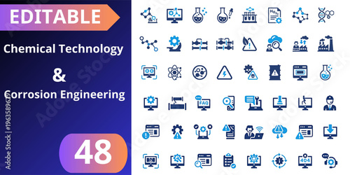 Chemical technology and corrosion engineering flat icons set. laboratory research, molecular structure, industrial process, safety systems, data analysis, factory production