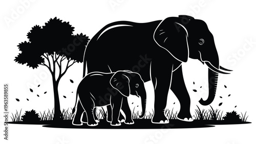Elephant Mother and Calf Silhouette in African Savanna Nature Scene
