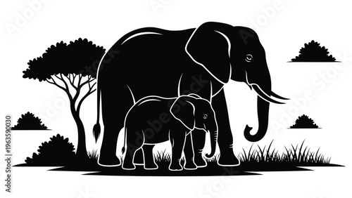 Elephant Mother and Calf Silhouette in African Savanna Nature Scene