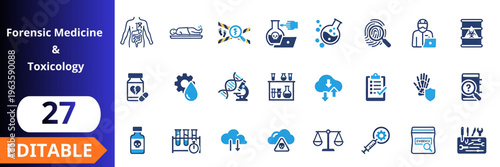 Forensic medicine and toxicology flat icons set. autopsy tools, laboratory equipment, dna analysis, fingerprint scan, chemical flask, evidence bag, safety gear, data cloud
