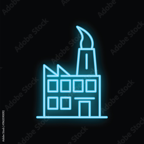 Vibrant neon sign depicting an industrial factory building with smoke billowing from its chimney, set against a dark background